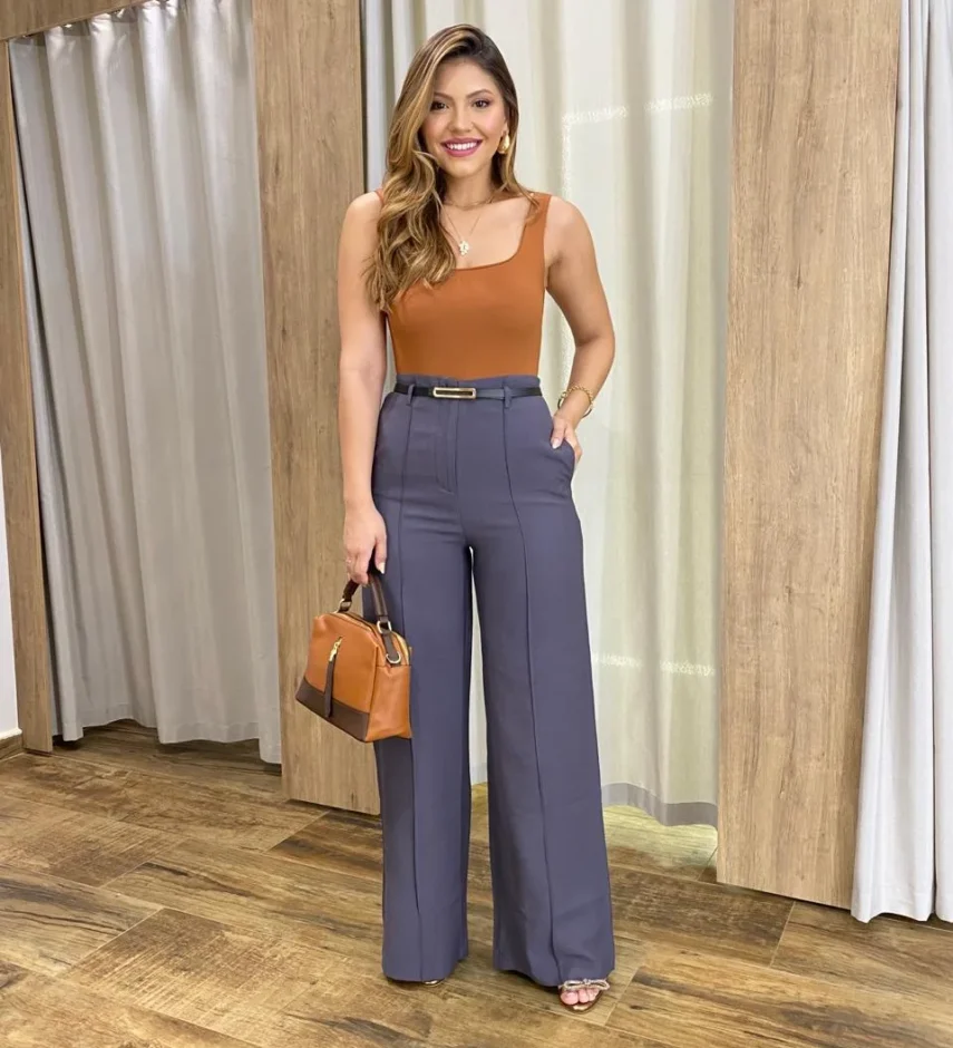 Calça Feminina Pantalona Alfaiataria Eloá com Cinto Cinza - Fernanda Ramos Store