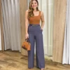 Calça Feminina Pantalona Alfaiataria Eloá com Cinto Cinza - Fernanda Ramos Store