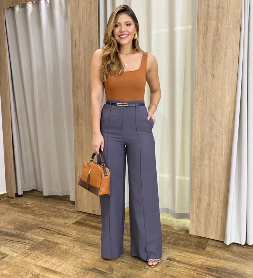 Calça Feminina Pantalona Alfaiataria Eloá com Cinto Cinza - Fernanda Ramos Store