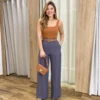 Calça Feminina Pantalona Alfaiataria Eloá com Cinto Cinza - Fernanda Ramos Store