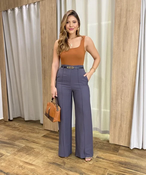 Calça Feminina Pantalona Alfaiataria Eloá com Cinto Cinza - Fernanda Ramos Store