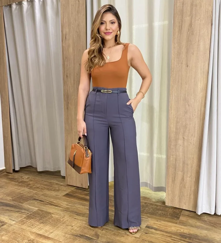 Calça Feminina Pantalona Alfaiataria Eloá com Cinto Cinza - Fernanda Ramos Store