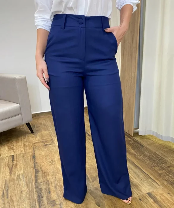 Calça Feminina Pantalona Bia Viscolinho Azul Marinho - Fernanda Ramos Store