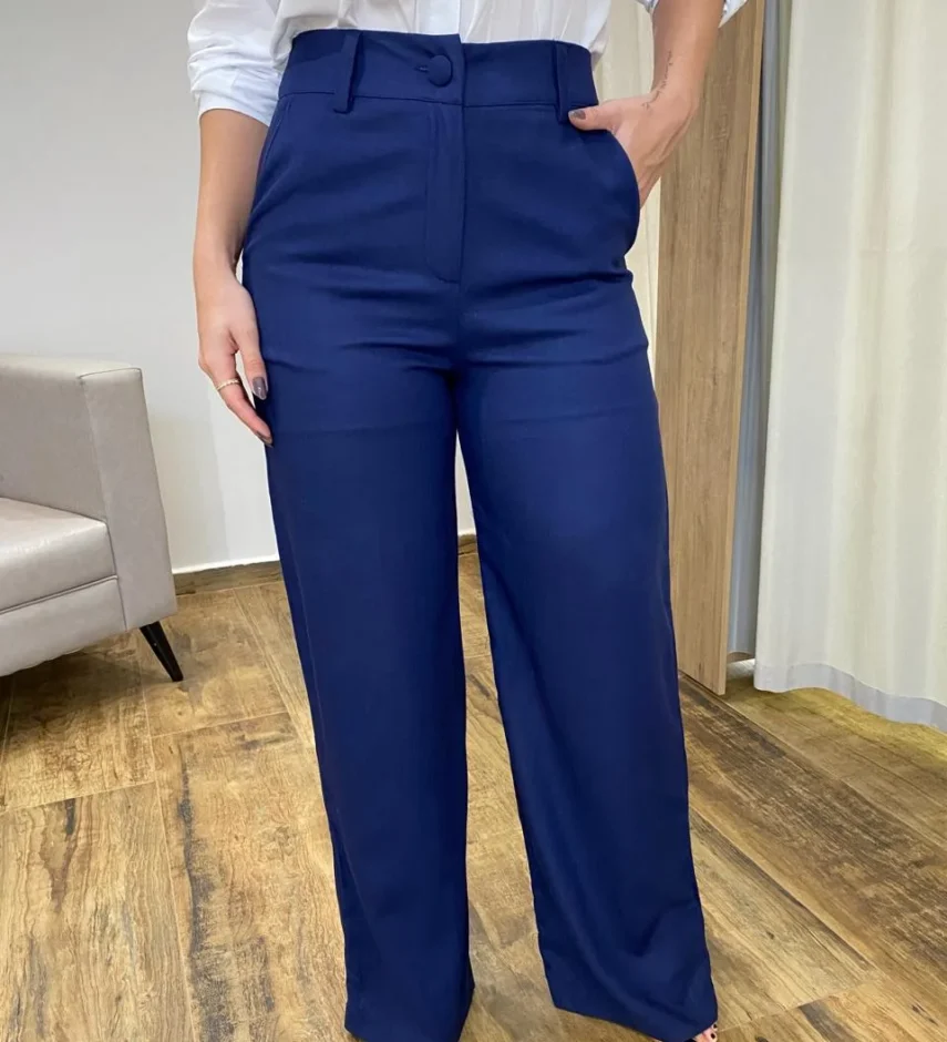 Calça Feminina Pantalona Bia Viscolinho Azul Marinho - Fernanda Ramos Store