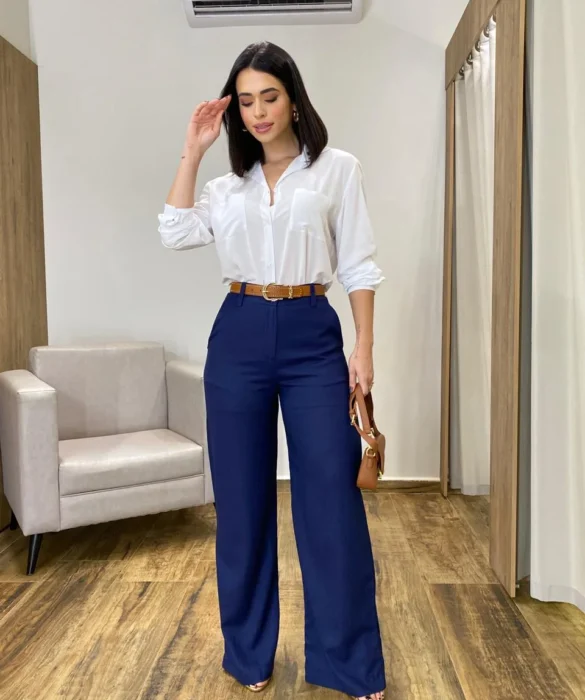 Calça Feminina Pantalona Bia Viscolinho Azul Marinho - Fernanda Ramos Store