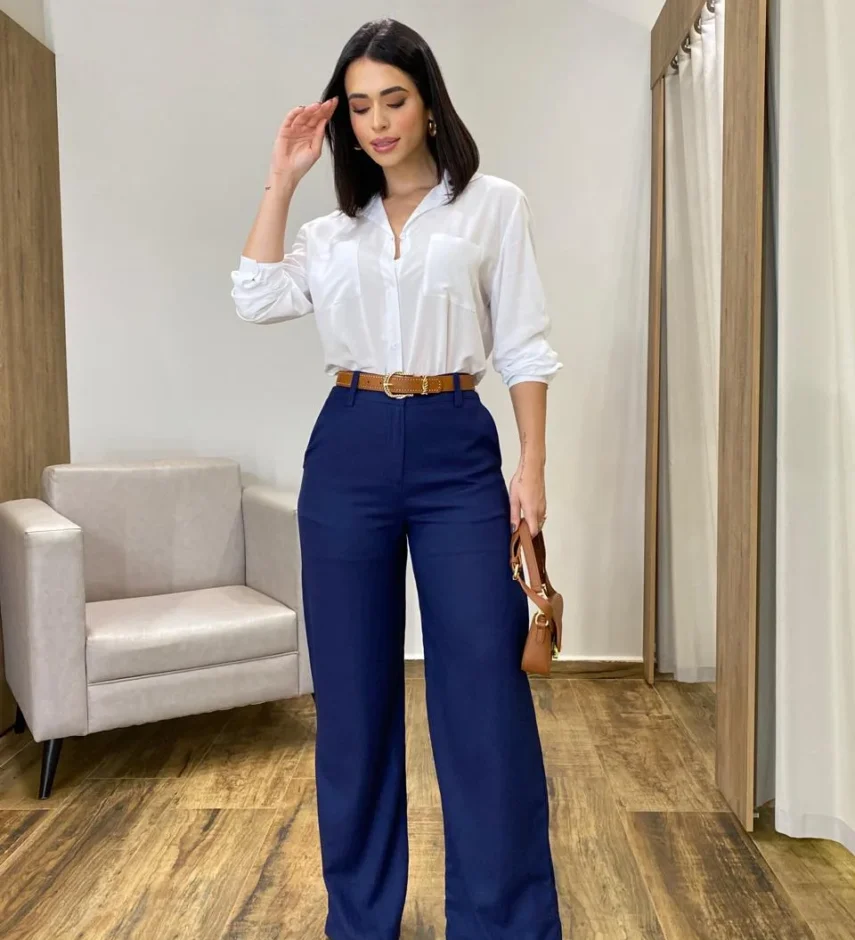 Calça Feminina Pantalona Bia Viscolinho Azul Marinho - Fernanda Ramos Store