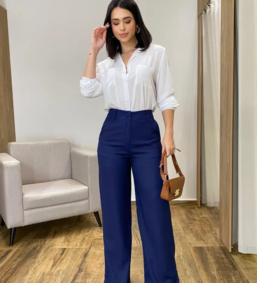 Calça Feminina Pantalona Bia Viscolinho Azul Marinho - Fernanda Ramos Store