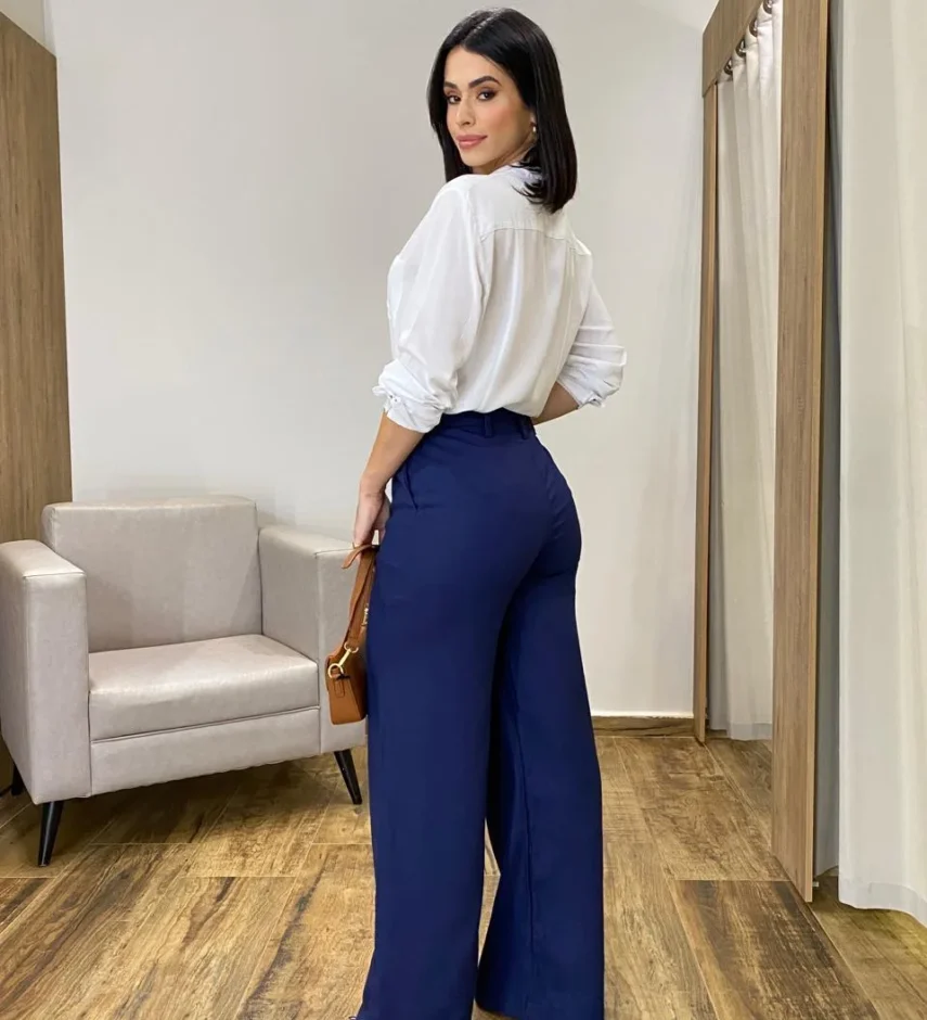 Calça Feminina Pantalona Bia Viscolinho Azul Marinho - Fernanda Ramos Store