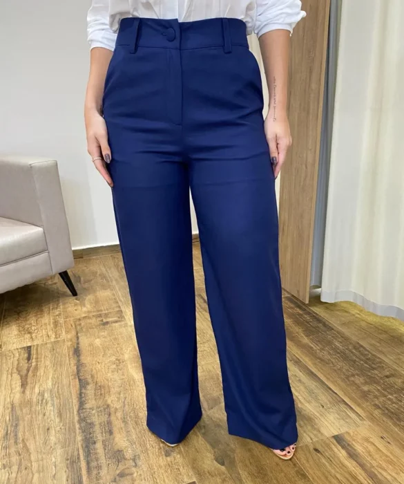 Calça Feminina Pantalona Bia Viscolinho Azul Marinho - Fernanda Ramos Store