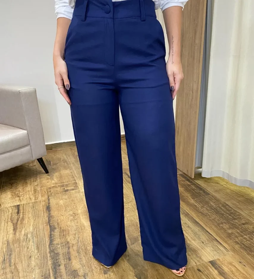 Calça Feminina Pantalona Bia Viscolinho Azul Marinho - Fernanda Ramos Store