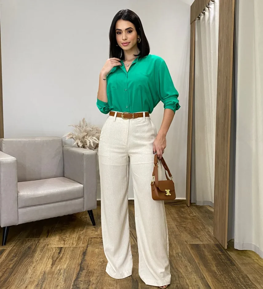 Calça Feminina Pantalona Bia Viscolinho Cru - Fernanda Ramos Store