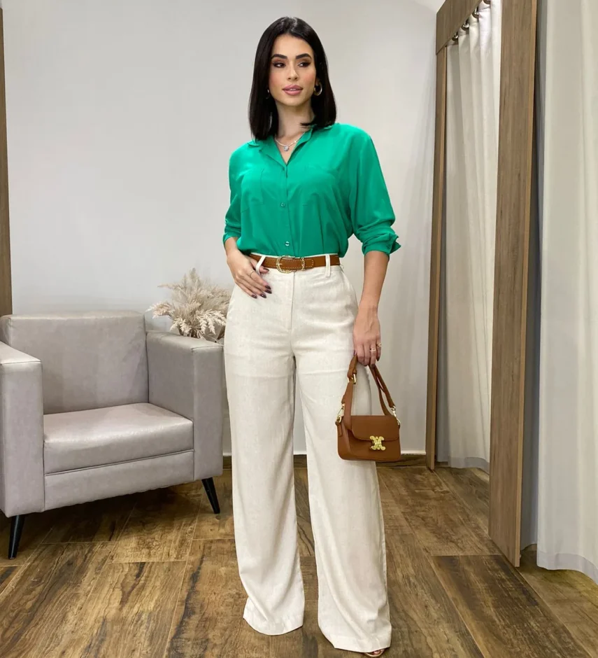 Calça Feminina Pantalona Bia Viscolinho Cru - Fernanda Ramos Store