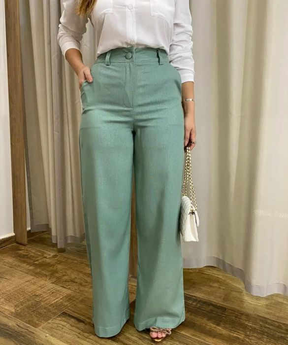 Calça Feminina Pantalona Bia Viscolinho Verde Menta - Fernanda Ramos Store