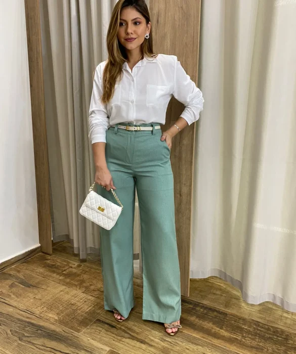 Calça Feminina Pantalona Bia Viscolinho Verde Menta - Fernanda Ramos Store