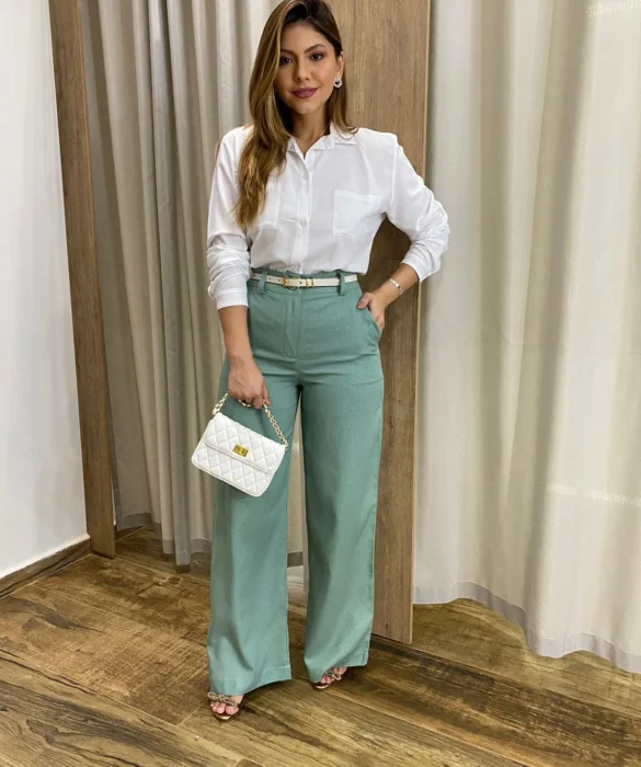 Calça Feminina Pantalona Bia Viscolinho Verde Menta - Fernanda Ramos Store