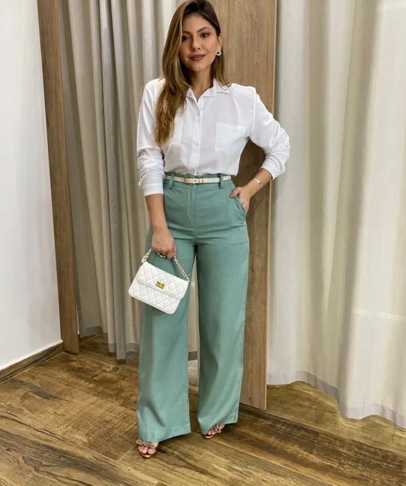 Calça Feminina Pantalona Bia Viscolinho Verde Menta - Fernanda Ramos Store