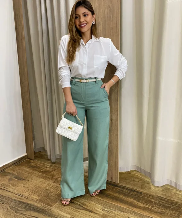 Calça Feminina Pantalona Bia Viscolinho Verde Menta - Fernanda Ramos Store