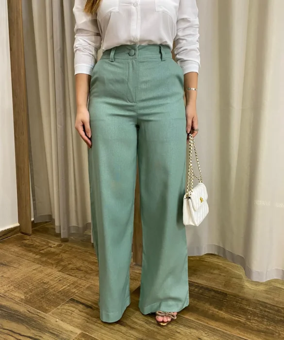 Calça Feminina Pantalona Bia Viscolinho Verde Menta - Fernanda Ramos Store