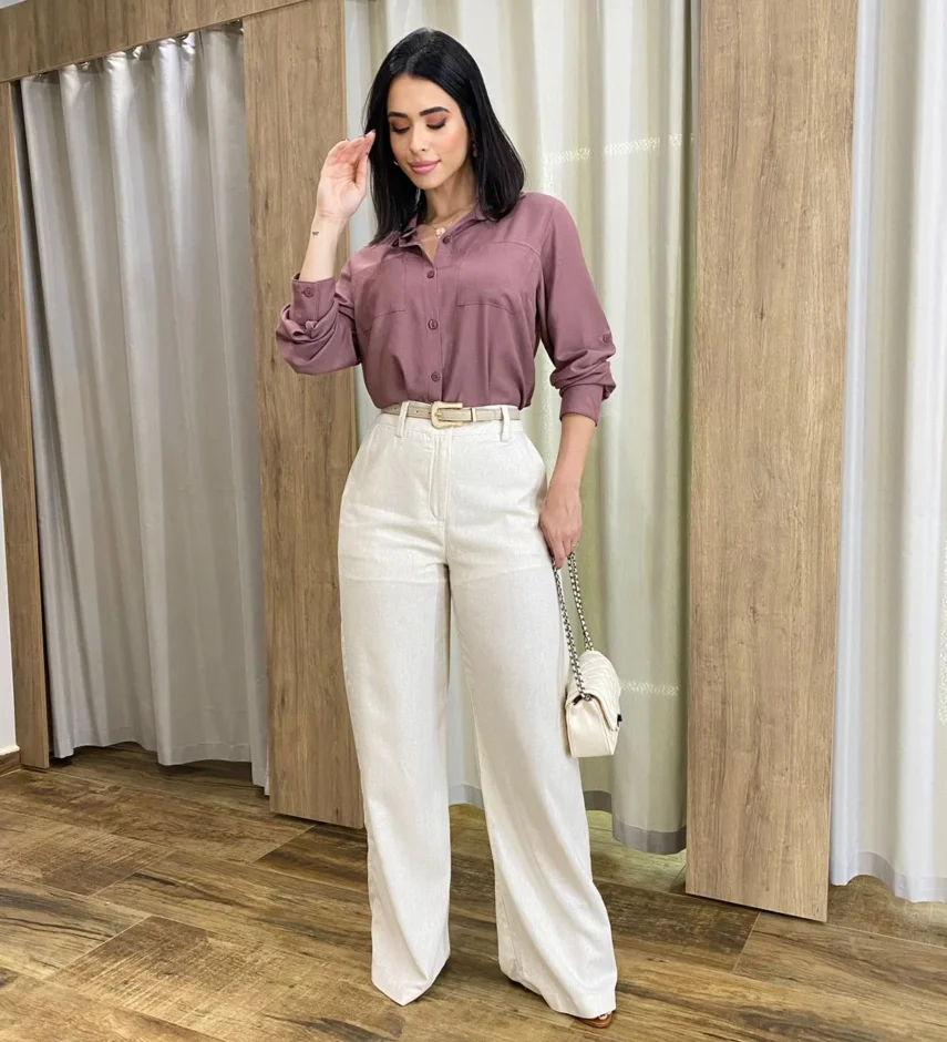 Camisa Feminina Manga Longa Júlia Viscolinho Rosé - Fernanda Ramos Store