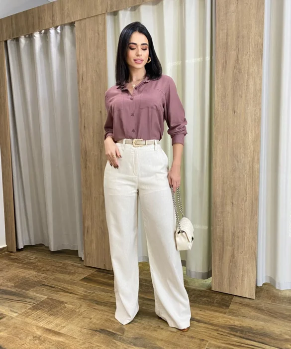 Camisa Feminina Manga Longa Júlia Viscolinho Rosé - Fernanda Ramos Store