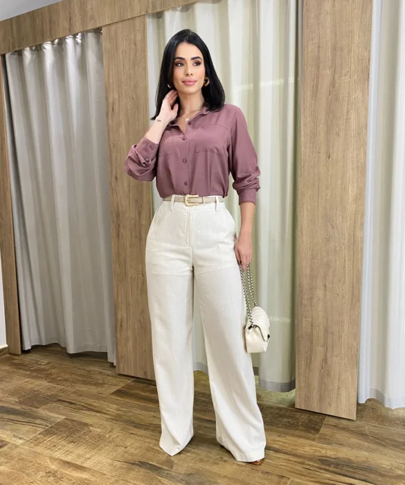 Camisa Feminina Manga Longa Júlia Viscolinho Rosé - Fernanda Ramos Store