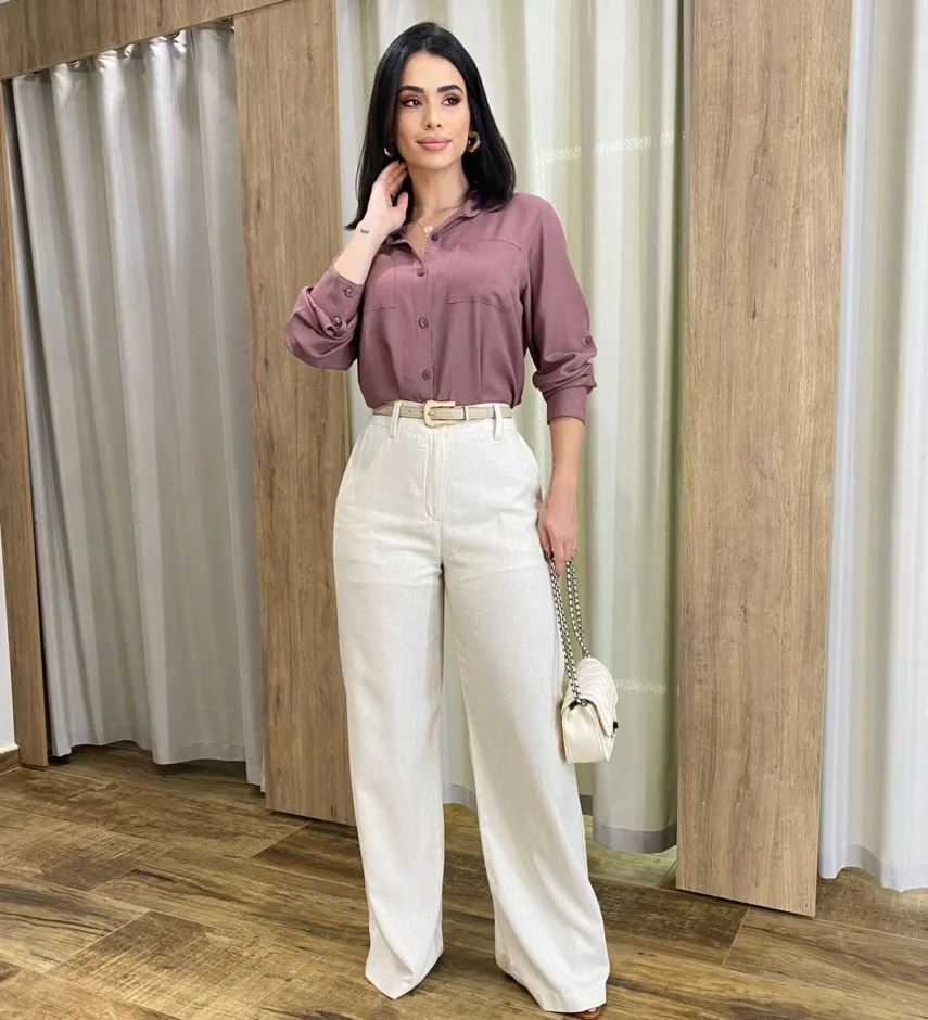 Camisa Feminina Manga Longa Júlia Viscolinho Rosé - Fernanda Ramos Store