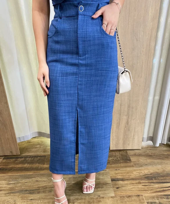 Conjunto Feminino Ana Cropped sem Bojo e Saia Longa Azul - Fernanda Ramos Store