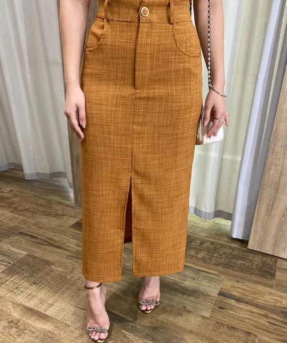 Conjunto Feminino Ana Cropped sem Bojo e Saia Longa Caramelo - Fernanda Ramos Store