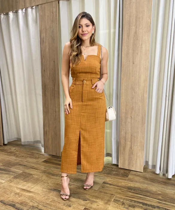 Conjunto Feminino Ana Cropped sem Bojo e Saia Longa Caramelo - Fernanda Ramos Store