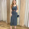 Conjunto Feminino Ana Cropped sem Bojo e Saia Longa Cinza - Fernanda Ramos Store