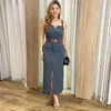 Conjunto Feminino Ana Cropped sem Bojo e Saia Longa Cinza - Fernanda Ramos Store