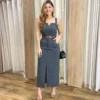 Conjunto Feminino Ana Cropped sem Bojo e Saia Longa Cinza - Fernanda Ramos Store