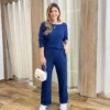 Conjunto Moletinho Calça Pantalona e Cropped Manga Longa Azul - Fernanda Ramos Store