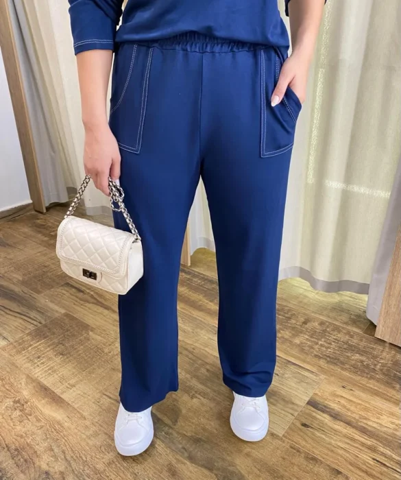 Conjunto Moletinho Calça Pantalona e Cropped Manga Longa Azul - Fernanda Ramos Store