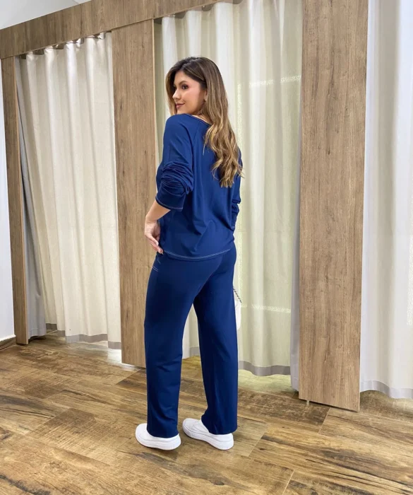 Conjunto Moletinho Calça Pantalona e Cropped Manga Longa Azul - Fernanda Ramos Store