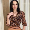 Cropped Feminino Íris Tule Manga 3/4 Animal Print - Fernanda Ramos Store