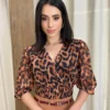 Cropped Feminino Íris Tule Manga 3/4 Animal Print - Fernanda Ramos Store