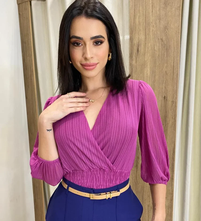 Cropped Feminino Íris Tule Manga 3/4 Fúcsia - Fernanda Ramos Store