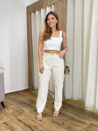 Cropped Feminino Jeans sem Bojo com Lastex Off White - Fernanda Ramos Store