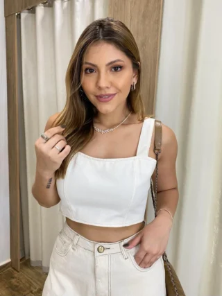 Cropped Feminino Jeans sem Bojo com Lastex Off White - Fernanda Ramos Store