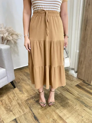 Saia Midi Alana com Camadas Bege - Fernanda Ramos Store