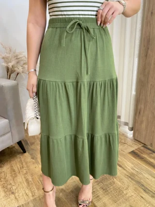 Saia Midi Alana com Camadas Verde - Fernanda Ramos Store