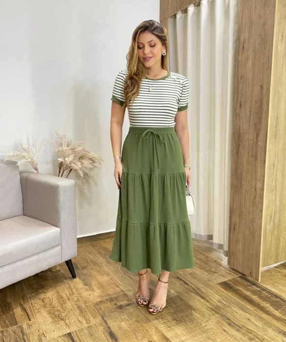 Saia Midi Alana com Camadas Verde - Fernanda Ramos Store