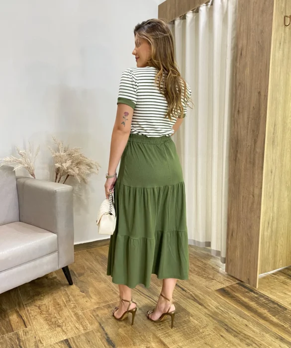 Saia Midi Alana com Camadas Verde - Fernanda Ramos Store