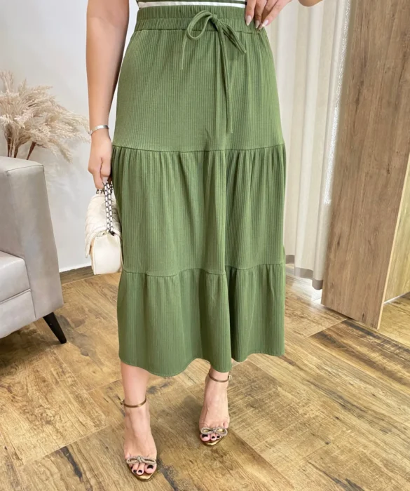 Saia Midi Alana com Camadas Verde - Fernanda Ramos Store