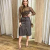 Saia Midi Couro Eco Stella com Bolsos Marrom - Fernanda Ramos Store