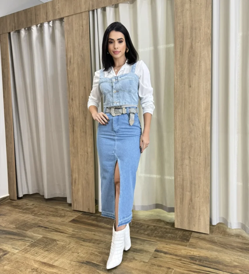 Saia Midi Feminina Jeans Melissa com Fenda Frontal - Fernanda Ramos Store
