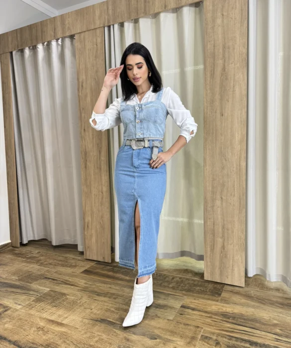 Saia Midi Feminina Jeans Melissa com Fenda Frontal - Fernanda Ramos Store