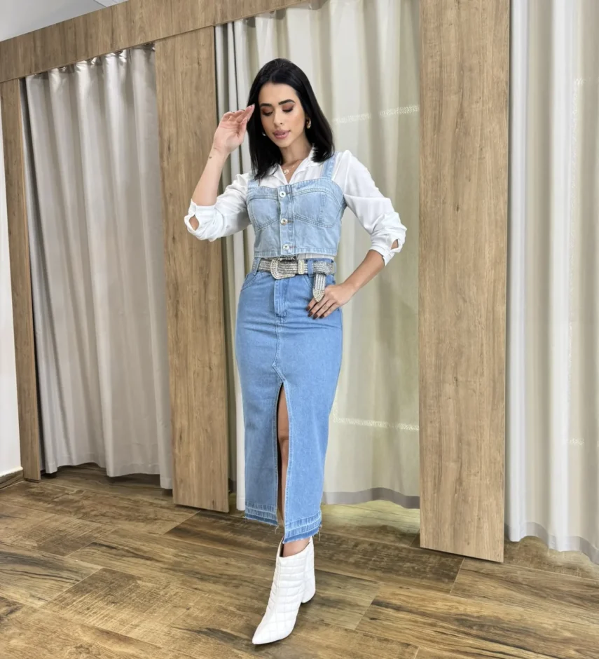 Saia Midi Feminina Jeans Melissa com Fenda Frontal - Fernanda Ramos Store