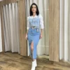 Saia Midi Feminina Jeans Melissa com Fenda Frontal - Fernanda Ramos Store